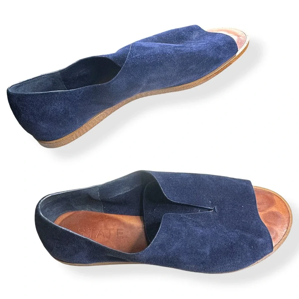 1.STATE Cassidee Sandals Suede Navy Blue Peep Toe Minimalist Women‎ 8.5M